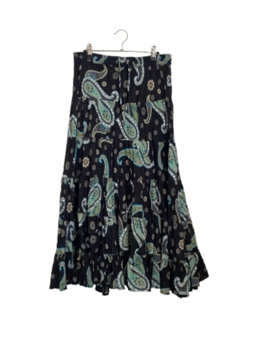 Silver Stream Paisley Tiered Maxi Skirt Black Teal Sequin One Size